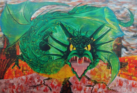 Oil painting of a green Dragon flying over a burning plaza.